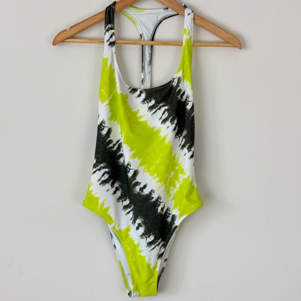 Aerie Neon Yellow Black Tie Dye Racerback‎ One Piece Swimsuit Size S Athletic